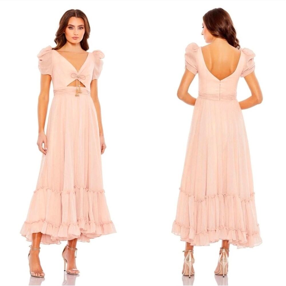 Mac Duggal 68187 V Neck Tea Length Midi Short Puff Sleeve Dress Pink Size 2